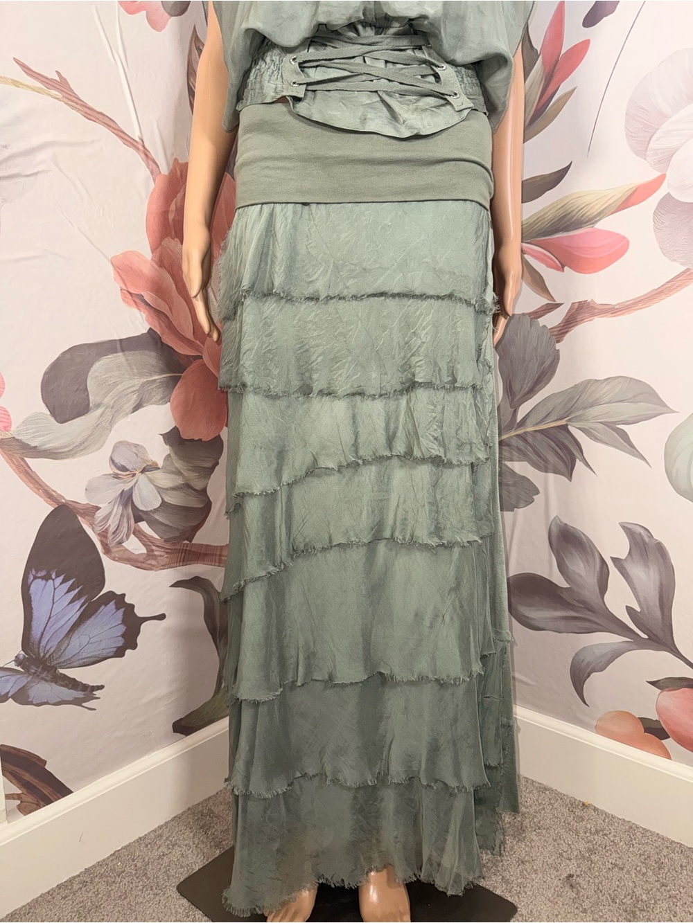 Made in Italy Silk Light Sage Tiered Maxi Skirt & Blouse Women's - Small/Medium - Picture 4 of 7